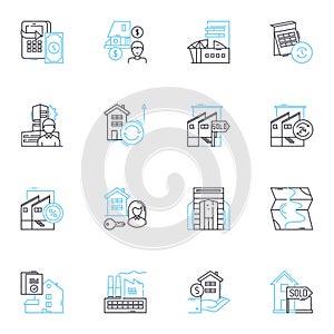Sales equity linear icons set. Valuation, Shares, Acquisition, Divestiture, Merger, Revenue, Capital line vector and