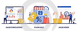 Sales forecasting and index, flash sale, special offer concept with tiny people. Revenue management vector illustration set. E-