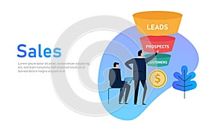 Sales funnel business concept of leads prospects and customers coin money.