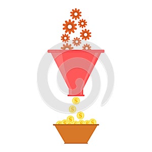 Sales funnel concept. Gears fall into the funnel and money is obtained. Finance and business concept. Vector illustration.