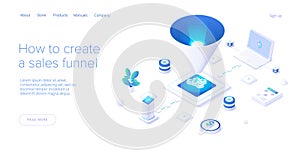 Sales funnel concept in isometric vector illustration. Customer conversion stages as marketing tool. Business strategy filter. Web