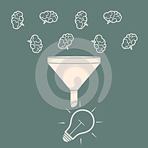 Sales Funnel. Converting brains into bulb idea. Flat Style. Vector Illustration of Data Tunnel and Creative Process.