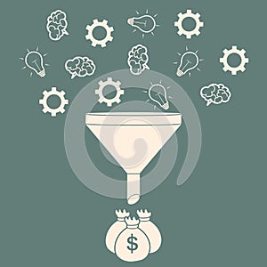 Sales Funnel Converting Ideas into Money Flat Style Concept. Vector Illustration of Data Tunnel and Creative Process.