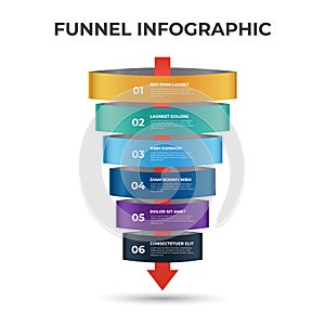 Sales funnel diagram with arrows, 6 steps and levels layout with number, infographic template vector