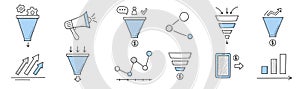 Sales funnel doodle icons, linear business signs