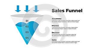 Sales funnel Infographic for your presentation template. Marketing strategy. Target audience. 4 stages - awareness