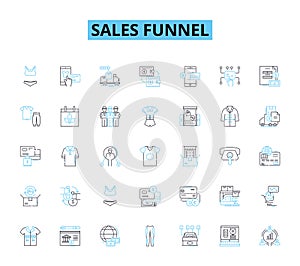 Sales funnel linear icons set. Leads, Conversion, Awareness, Engagement, Retargeting, Upsell, Cross-sell line vector and