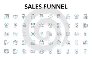 Sales funnel linear icons set. Leads, Conversion, Awareness, Engagement, Retargeting, Upsell, Cross-sell vector symbols