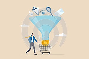Sales funnel or online marketing conversion rate, customer flow from awareness, click and purchase product on e-commerce website,