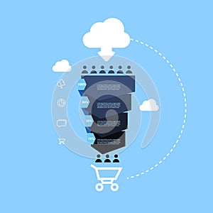 Sales funnel with people icon online cloud shopping cart stages business infographic. purchase diagram concept over blue
