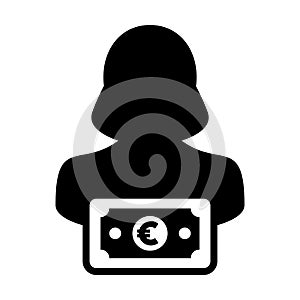 Sales icon vector female user person profile avatar with Euro sign currency money symbol for banking and finance business in flat