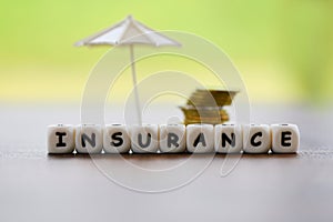 Sales insurance home , car, family concept / White umbrella protecting gold coin security of property insurance claim