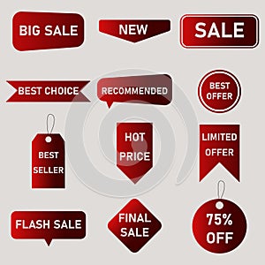 Sales label icon set. Red marketing tag with selling bargain announcment. photo