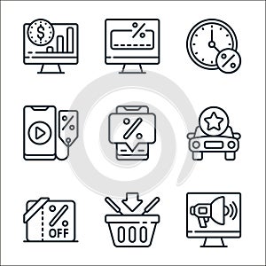 sales line icons. linear set. quality vector line set such as marketing, add to basket, voucher, favourite, sale, film, limited