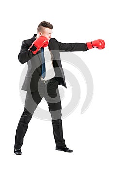 Sales man wearing red boxing gloves