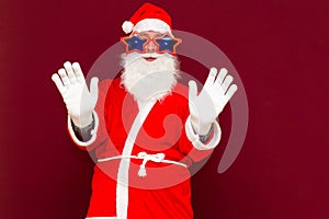 Sales, marketing,selling time. Santa is gesturing with hands succumb surrender to give up concept photo