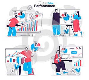 Sales performance concept set. Marketers analyze data