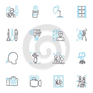 Sales photography linear icons set. Commerce, Visuals, Promote, Advertising, Catalogue, Marketing, Eyecatching line