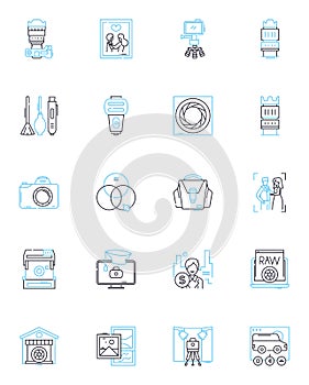 Sales photography linear icons set. Commerce, Visuals, Promote, Advertising, Catalogue, Marketing, Eyecatching line