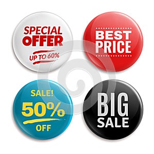 Sales pin badges. Circled badging button, 3d glossy price tag. Big sale, best price and special offer badge vector set photo