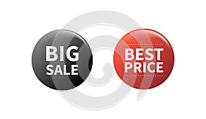 Sales pin badges. Circled badging button, 3d glossy price tag. Big sale, best price vector badges. Isolated on white background photo