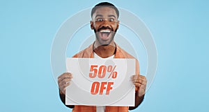 Sales poster, happy man or surprise discount offer, studio promo banner and advertising brand, info or service