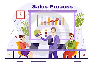 Sales Process Vector Illustration with Steps of Communication for Attracting New Customers and Making profit in Business Strategy