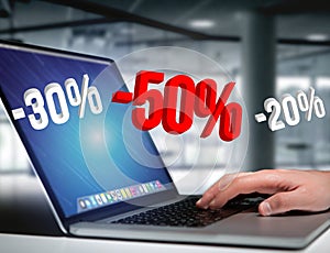 Sales promotion 20% 30% and 50% flying over an interface - Shopping concept