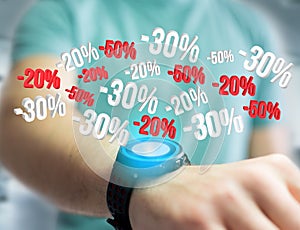 Sales promotion 20% 30% and 50% flying over an interface - Shopping concept