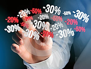 Sales promotion 20% 30% and 50% flying over an interface - Shopping concept