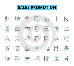 Sales promotion linear icons set. Discount, Clearance, Sale, Rebate, Coupon, Freebie, BOGO line vector and concept signs