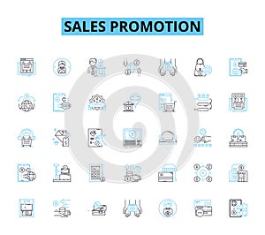 Sales promotion linear icons set. Discount, Clearance, Sale, Rebate, Coupon, Freebie, BOGO line vector and concept signs