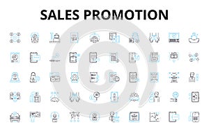 Sales promotion linear icons set. Discount, Clearance, Sale, Rebate, Coupon, Freebie, BOGO vector symbols and line