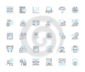 Sales reports linear icons set. Performance, Revenue, Forecast, Analytics, Metrics, Progress, Growth line vector and