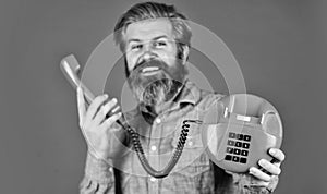 Sales script. Answering machine. Lead generation specialist. Bearded man phone conversation. Retro phone. Outdated