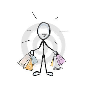 Sales shopping. Vector simple shopaholic holding many brand bags. Buying new clothes passion. Stickman no face clipart cartoon.