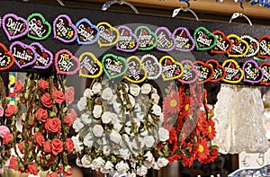 Sales stall with focus on small hearts at Oktoberfest in Munich, Germany, 2015