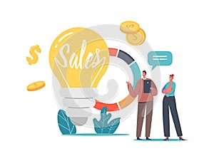 Sales Strategies and Business Idea. Tiny Businessman and Businesswoman Characters at Huge Light Bulb and Pie Info Chart