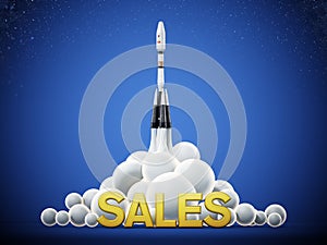 Sales text standing in front of a launching rocket. Business and success concept. 3D illustration