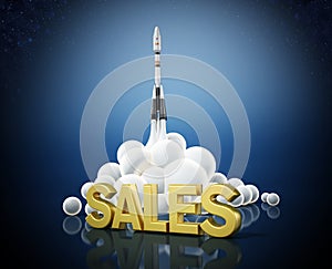 Sales text standing in front of a launching rocket. Business and success concept. 3D illustration