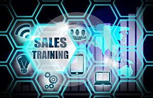 Sales Training blue background model concept