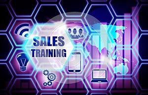 Sales Training blue background model concept