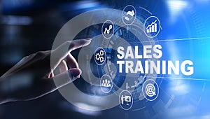 Sales training, business development and financial growth concept on virtual screen.