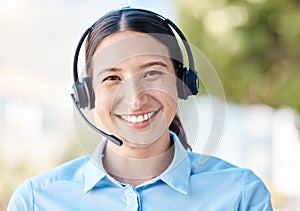 Sales woman portrait, call center agent and customer service support employee for advice, help and expert communication