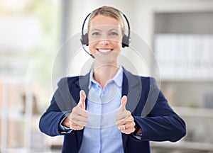 Sales woman, thumbs up success and telemarketing call center, happy customer service and yes review of agent in office