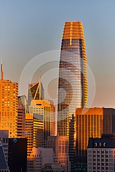 Salesforce Tower at sunset with golden glow on building and surrounding skyscrapers