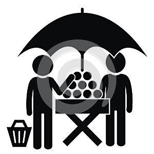 Salesman and customer, people and shopping stand, black icon, eps.