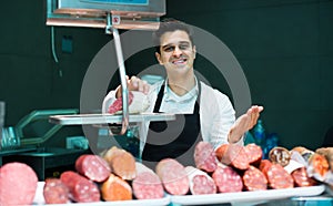 Salesman selling sausages