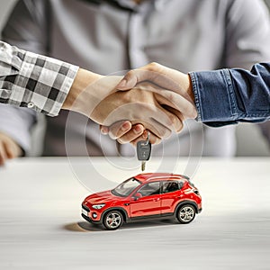 Salesman shaking hands with his client after selling car at dealership. Concept of car purchase or rent.