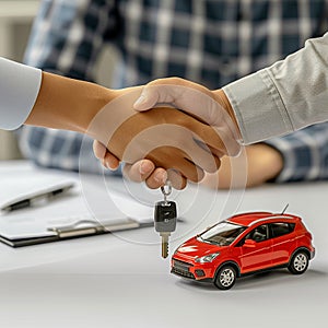 Salesman shaking hands with his client after selling car at dealership. Concept of car purchase or rent